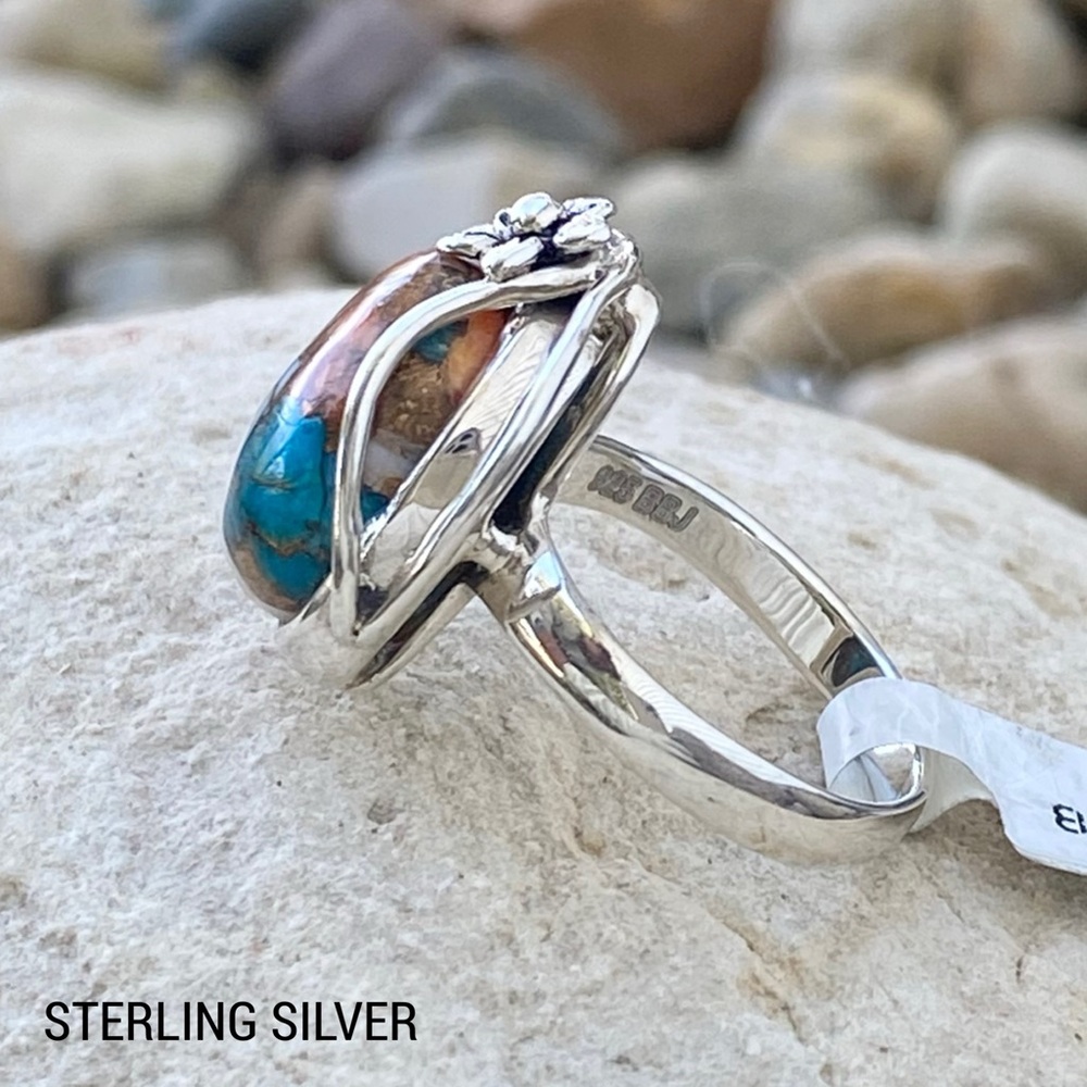 Spiny Oyster Turquoise Sterling Silver Ring Size 7 3/4 - Picture 3 of 12